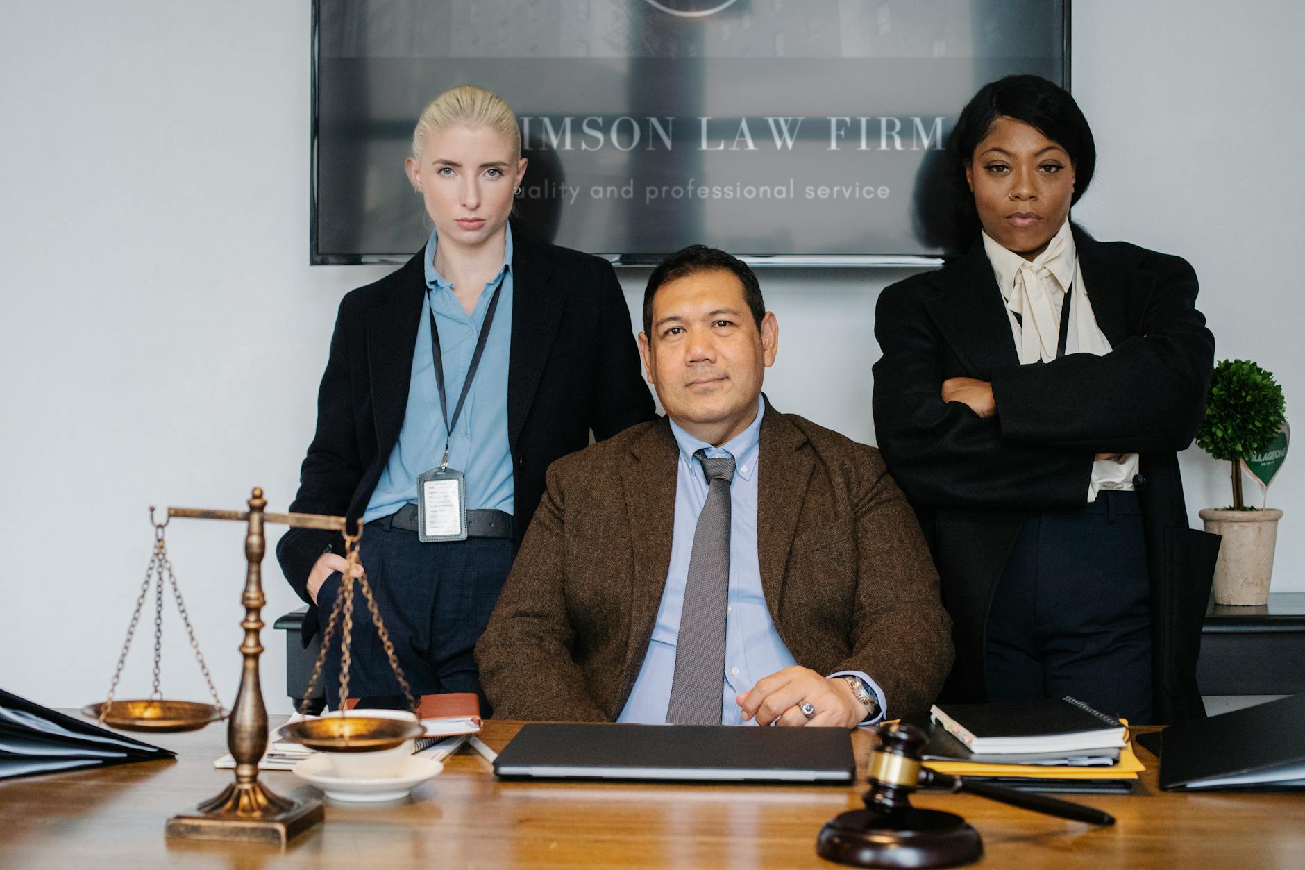 Group of successful multiethnic legislators looking at camera near table with scales of justice and folders